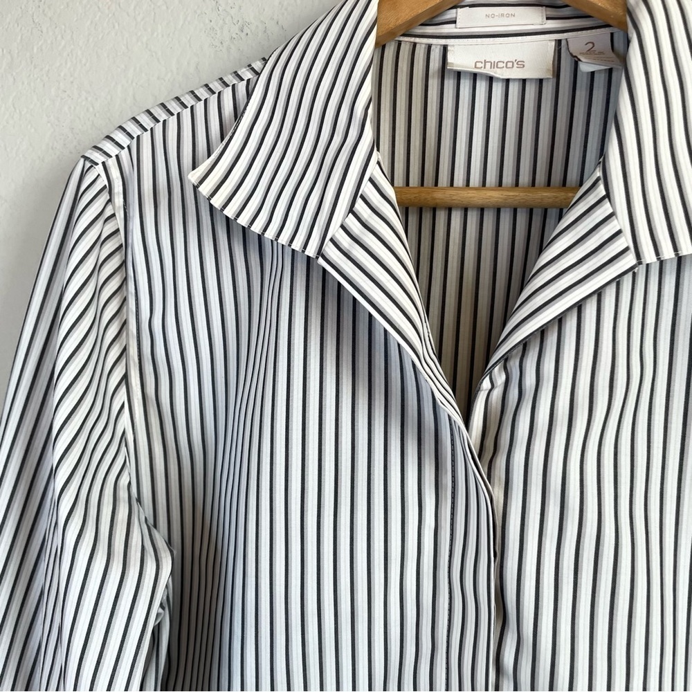 Chicos No Iron Black White Tan Stripe Button Front Long Sleeve Shirt Cotton LG - Picture 2 of 8